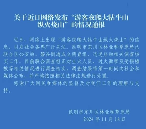游客夜爬大牯牛山纵火烧山？昆明通报：已成立调查组